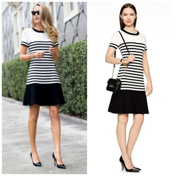 Kate Spade drop waist Scuba dress XXS black ivory stripe fit & flare - Picture 1 of 11